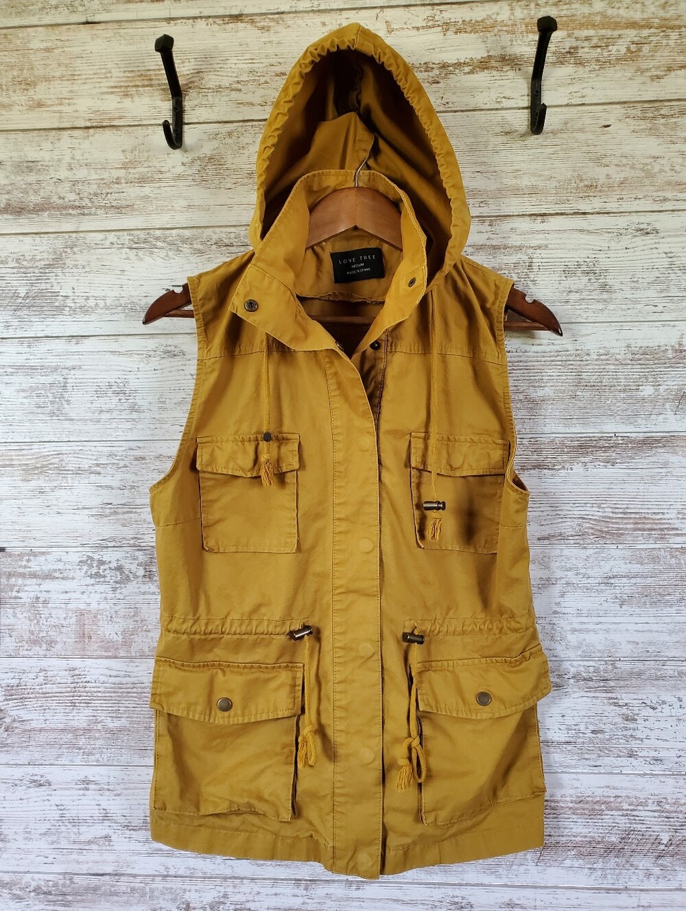 Love Tree Hooded Cargo Utility Vest Mustard Yellow Drawstring Cotton Jacket